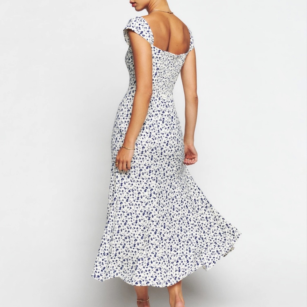 Reformation White Floral Maxi Dress with Blue Print
